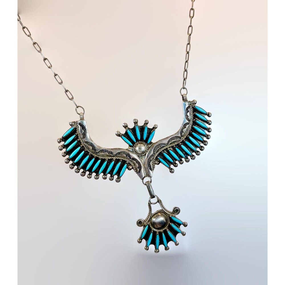Vintage Native American, Bird Necklace Sterling Turquoise Zuni, Leland Peyketewa